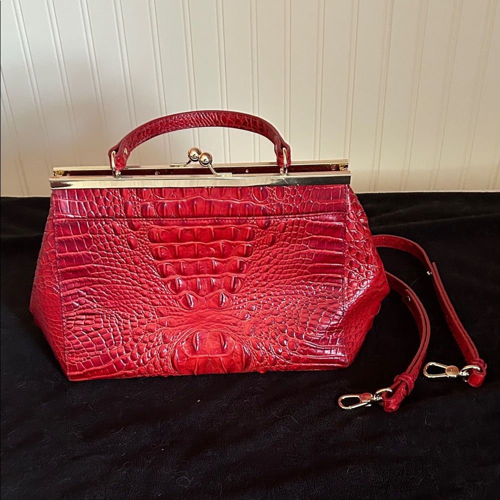 Brahmin Red Croc-Embossed Leather Satchel with Top Handle